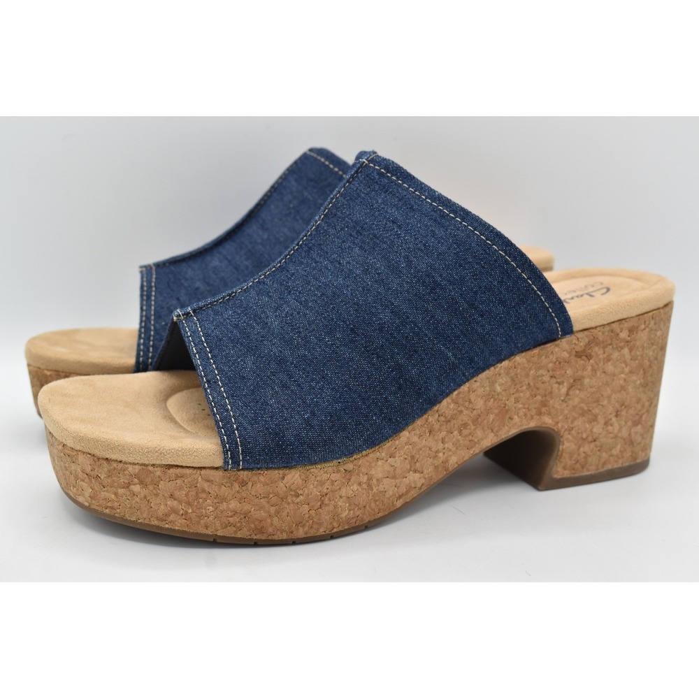 Clarks Womens Size 11 Nerisa Vine Dark Denim Heeled Sandals Slides Shoes